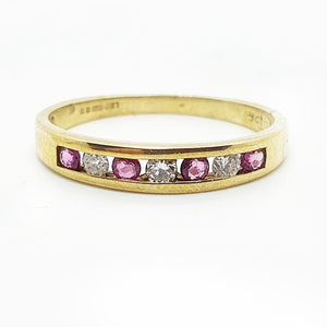 9ct Yellow gold diamond and ruby half eternity ring.