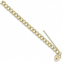 9ct Yellow Gold Curb & Padlock 7" Charm Bracelet (28g)