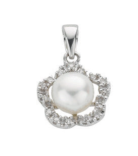 9ct White Gold Freshwater Pearl & 0.10ct Diamond Pendant