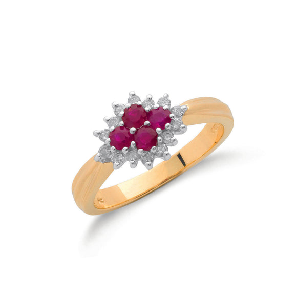 9ct Yellow Gold 0.21ct Diamond & 0.45ct Ruby Cluster Ring
