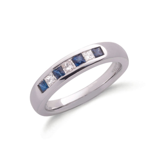 9ct White Gold Princess Cut 0.20ct Diamond & 0.35ct Sapphire Eternity Ring