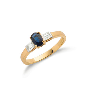 9ct Yellow Gold Baguette Cut 0.11ct Diamond & 0.60ct Sapphire Ring