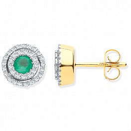 9ct Yellow Gold Double Halo Diamond & Emerald Round Stud Earrings